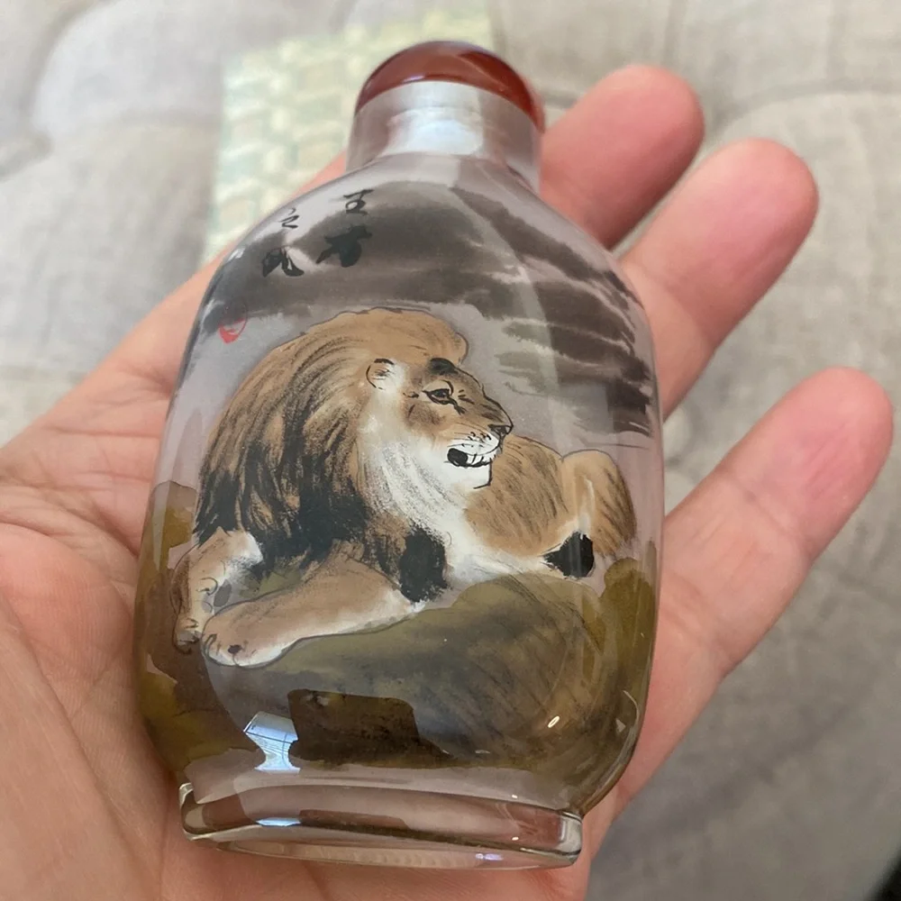 NWOT Chinese Reverse Painted Glass Snuff Bottle Double Scene Lion